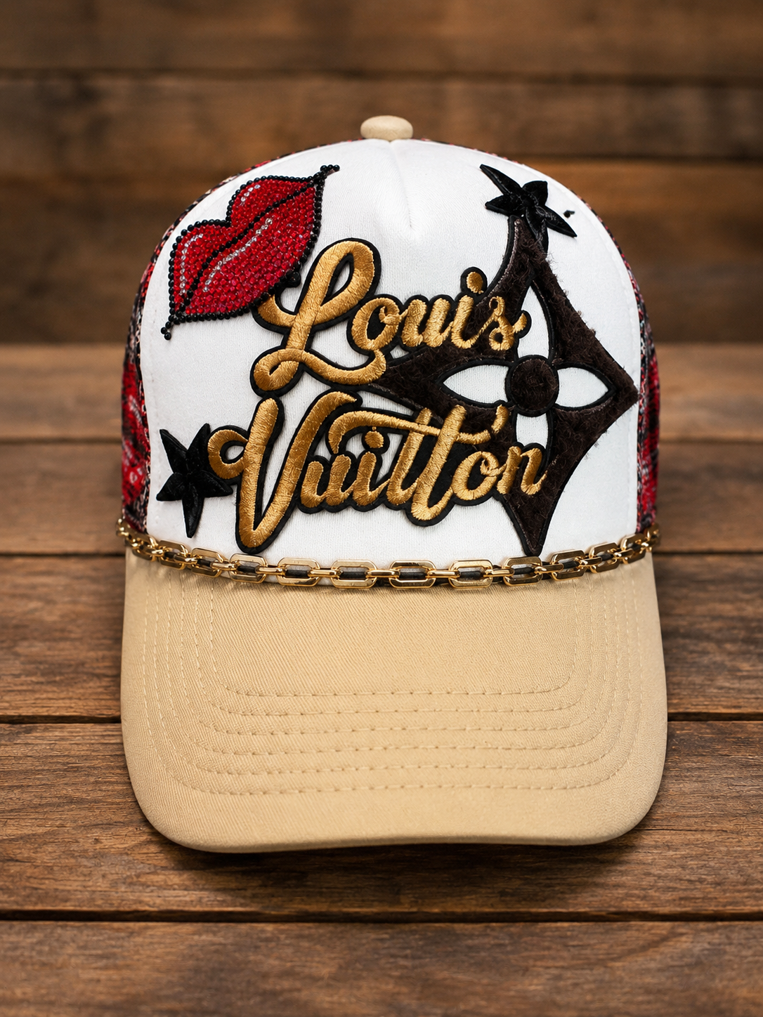 Custom Luxe Monogram Trucker Hat-Red Lips, Gold Chain & Western Glam