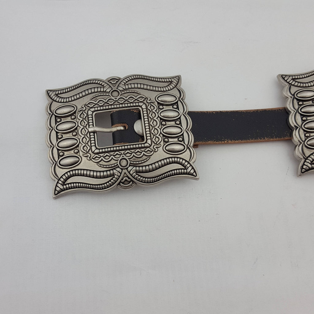 Western Silver Rectangular Concho Distressed Leather Belt — Brown or Black