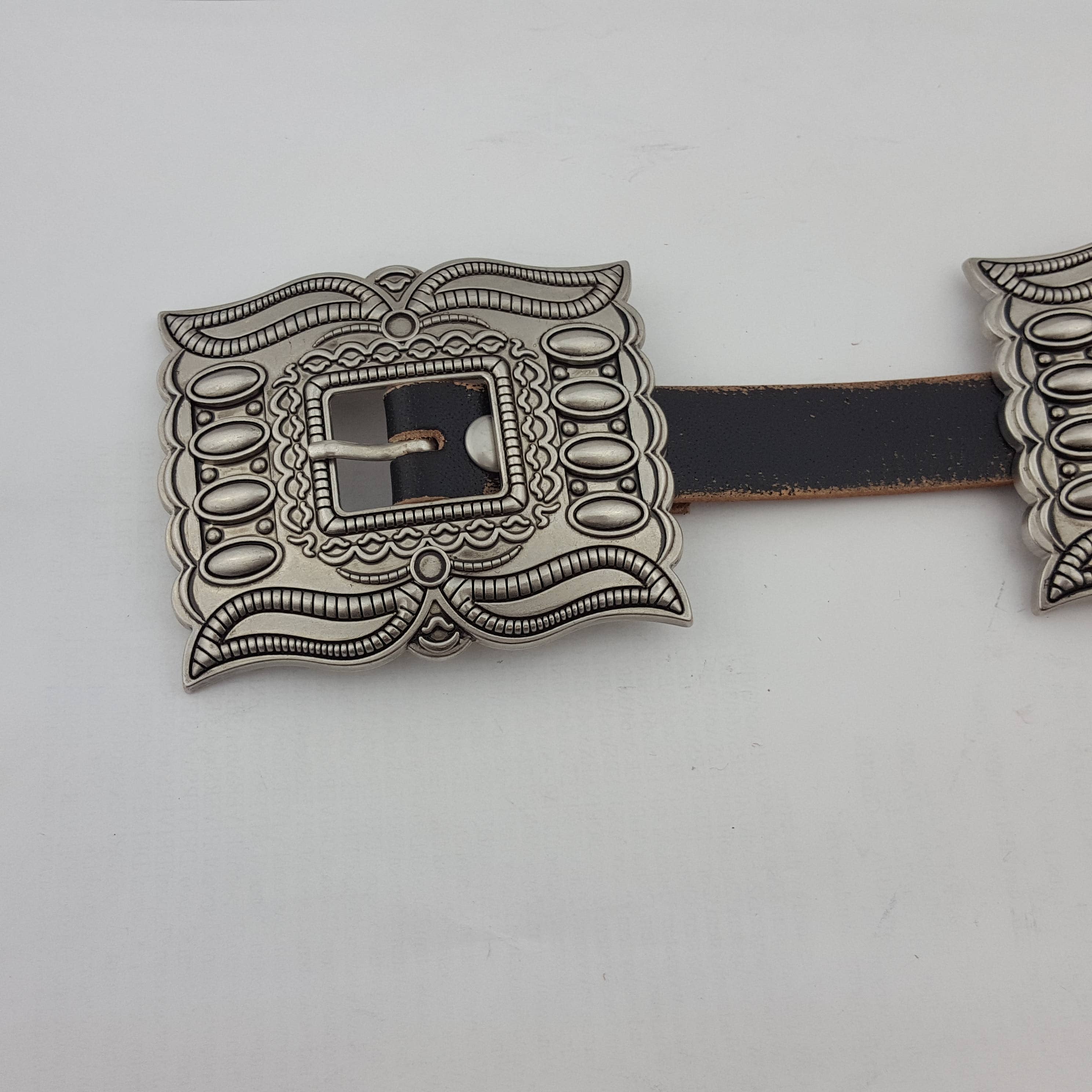 Western Silver Rectangular Concho Distressed Leather Belt — Brown or Black