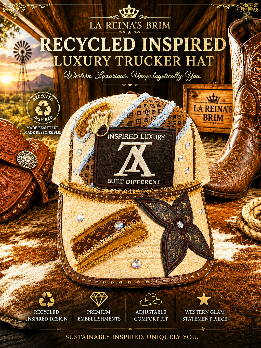 Recycled Inspired Luxury Western Trucker Hat | La Reina’s Brim