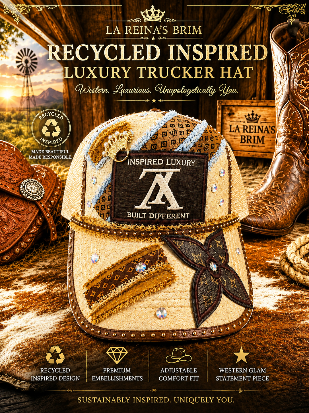 Recycled Inspired Luxury Western Trucker Hat | La Reina’s Brim