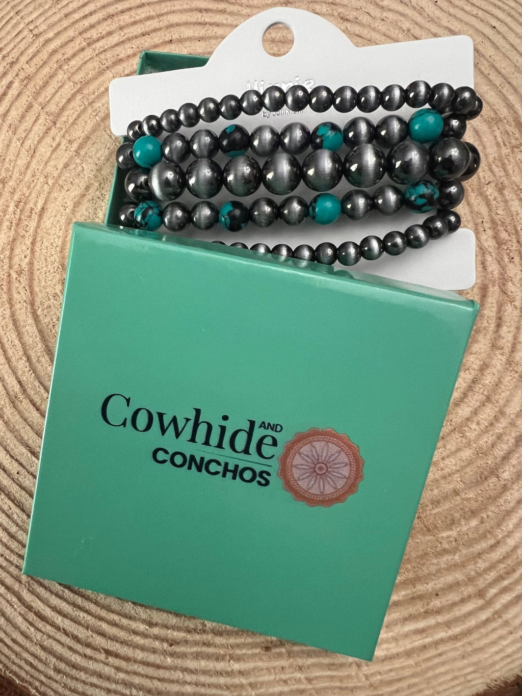 Western Faux Sterling Pearl & Multi-Color Turquoise Stretch Bracelet Set — 5-Piece Stack