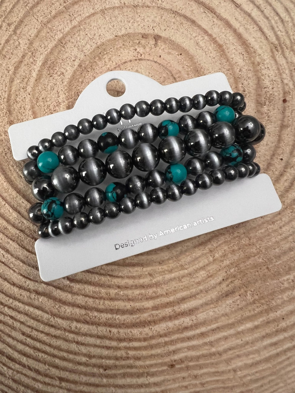Western Faux Sterling Pearl & Multi-Color Turquoise Stretch Bracelet Set — 5-Piece Stack