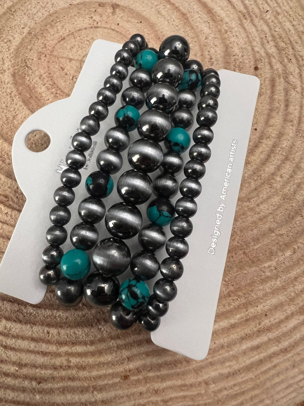 Western Faux Sterling Pearl & Multi-Color Turquoise Stretch Bracelet Set — 5-Piece Stack