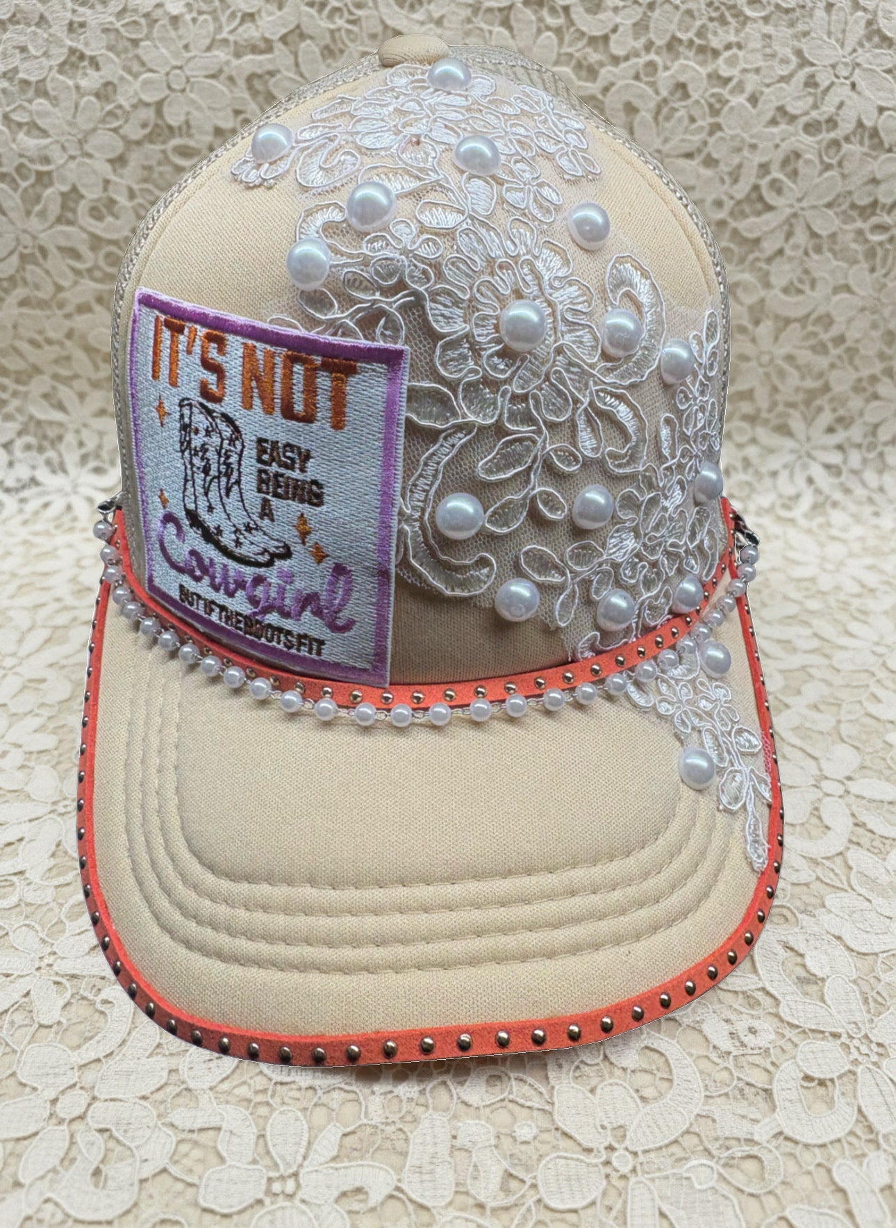 It’s Not Easy Being A Cowgirl | Pearl Lace Embellishment Trucker Hat