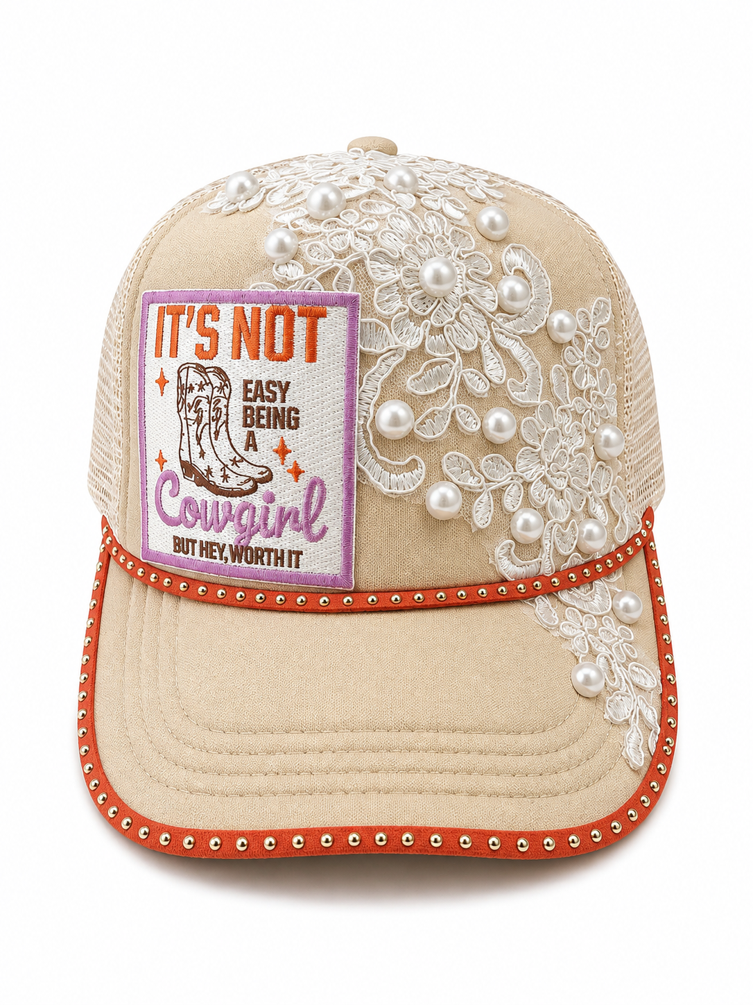 It’s Not Easy Being A Cowgirl | Pearl Lace Embellishment Trucker Hat