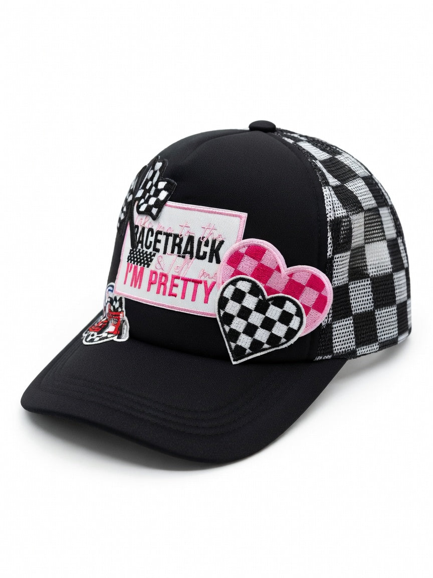 Pretty On The Racetrack| Checkered Hearts & Race Car Trucker Hat