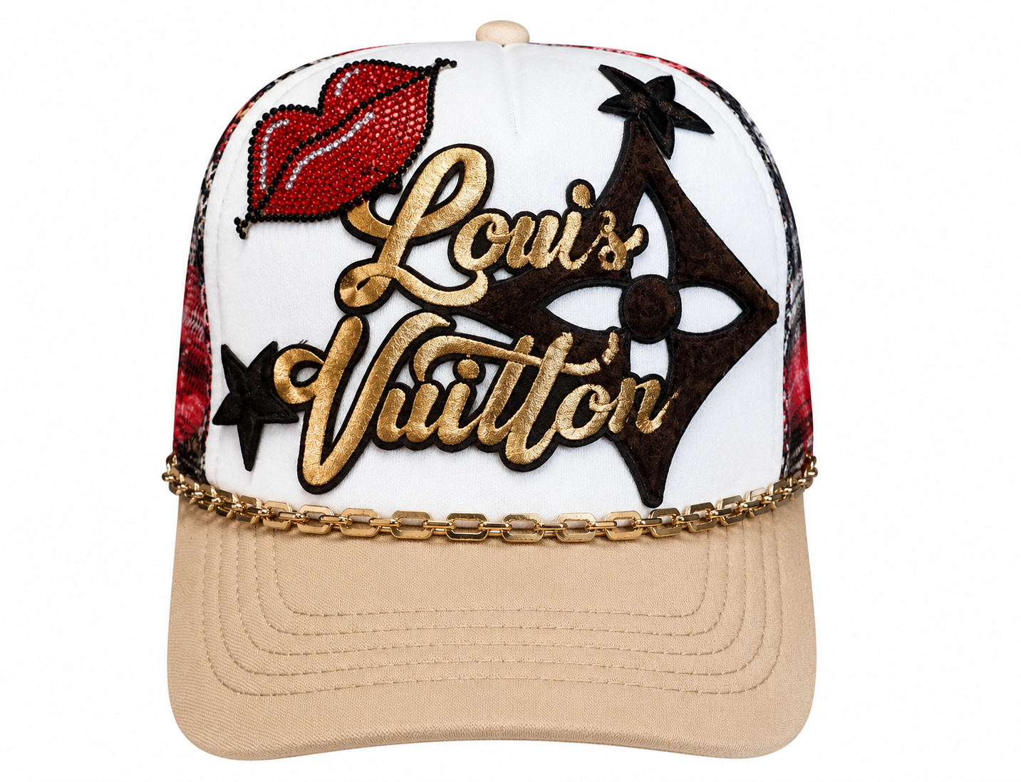 Custom Luxe Monogram Trucker Hat-Red Lips, Gold Chain & Western Glam
