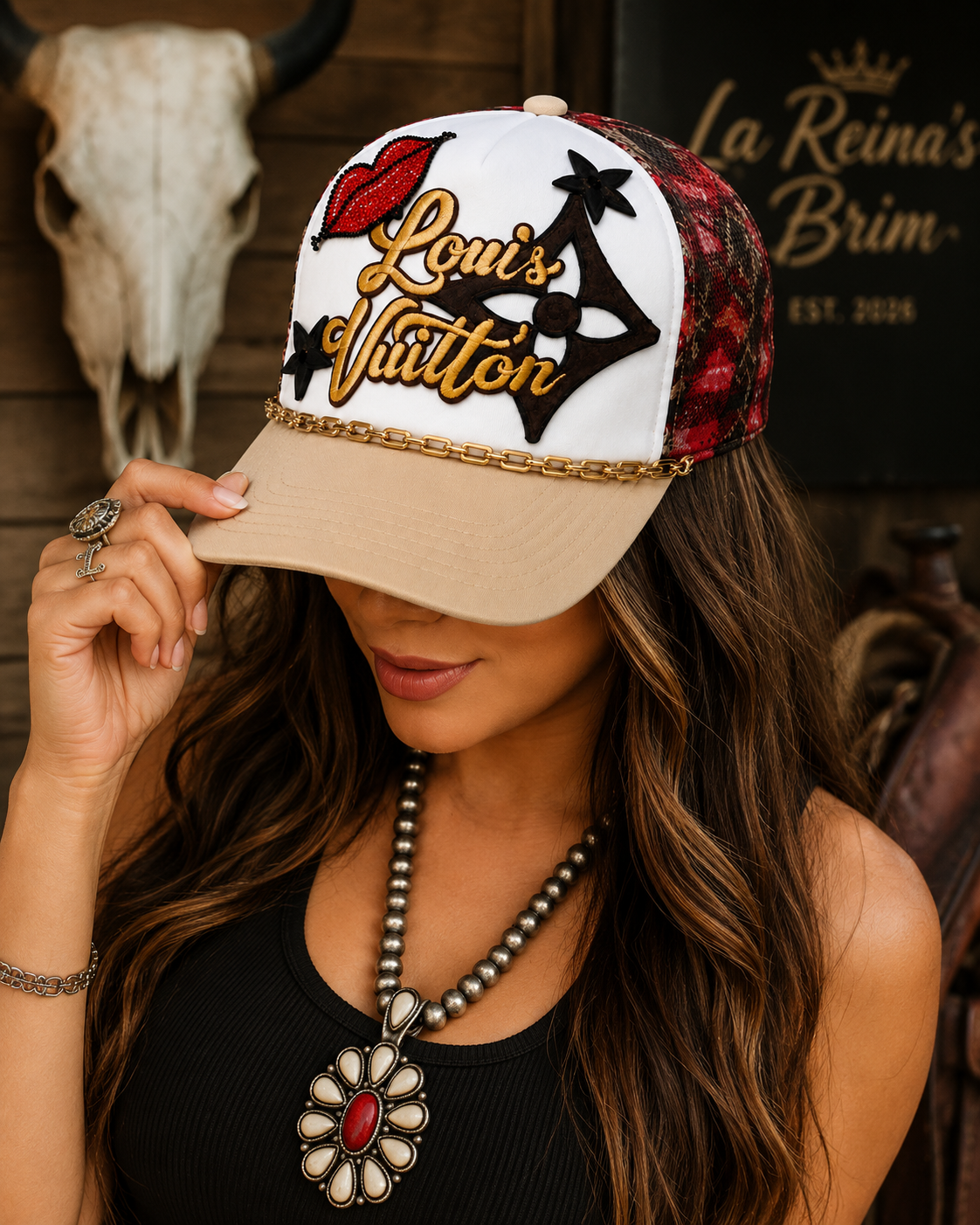 Custom Luxe Monogram Trucker Hat-Red Lips, Gold Chain & Western Glam