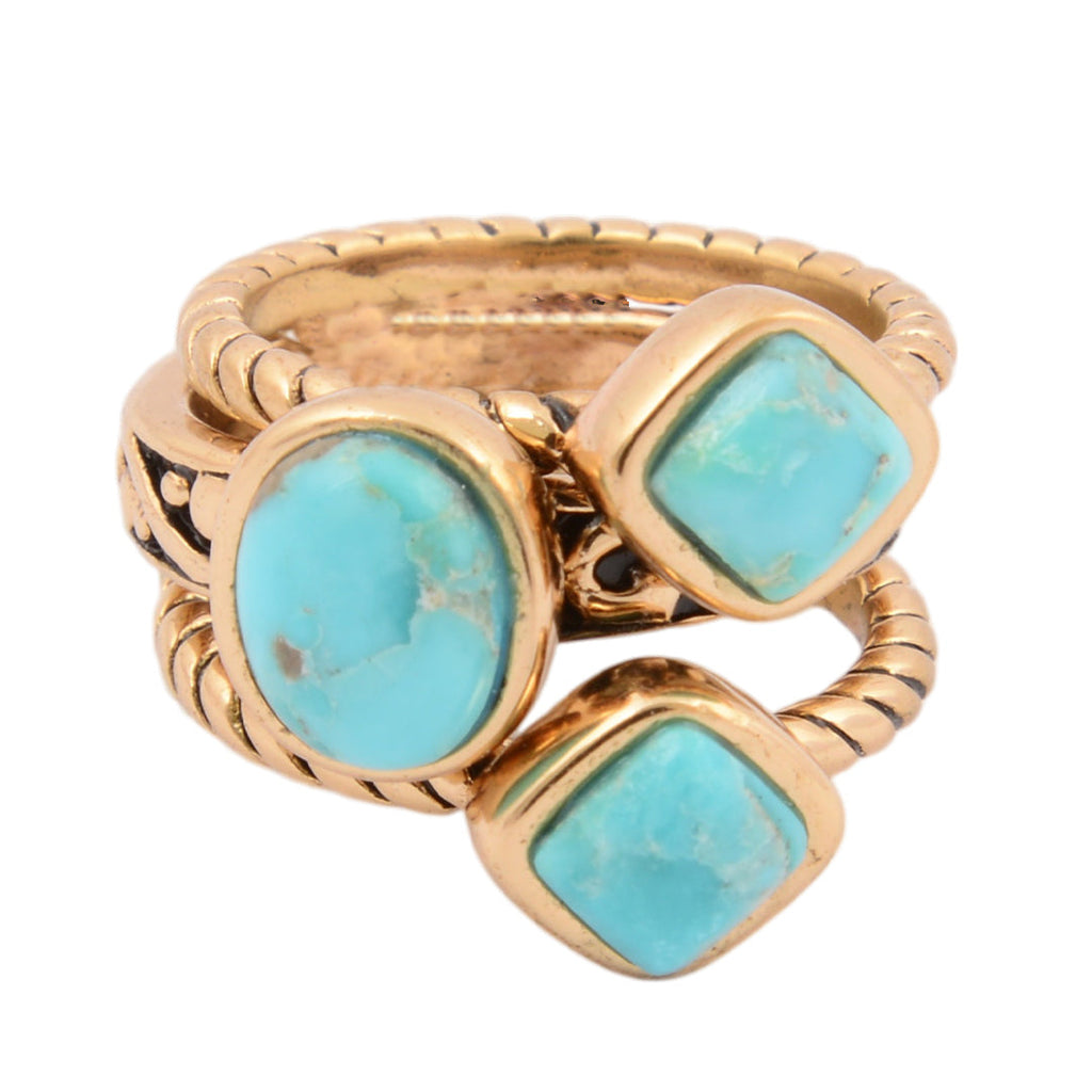 Multi-Shape Blue Turquoise and Golden Trio Ring Set