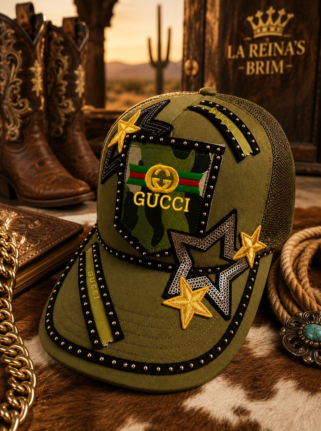 Recycled Luxury Camo GG-Inspired Studded Trucker Hat with Gold Stars