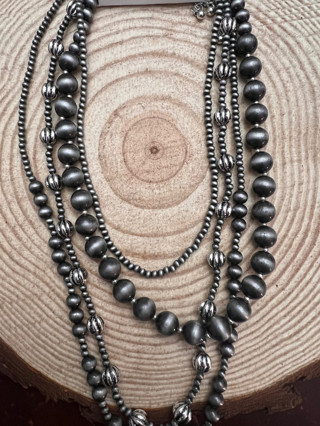 Faux Sterling Pearl Layered Necklace Set – 4-Piece Burnished Silver Western Set