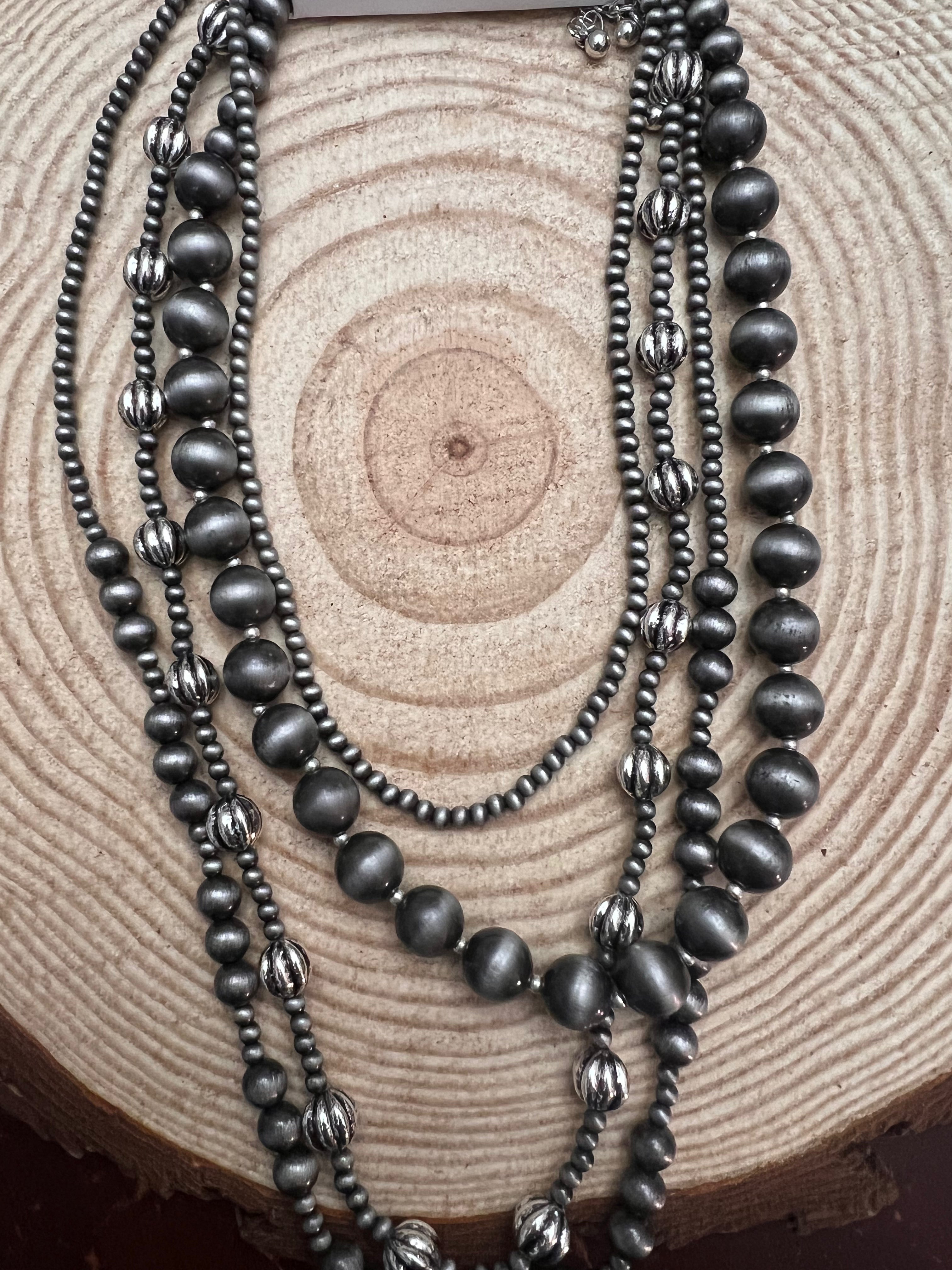 Faux Sterling Pearl Layered Necklace Set – 4-Piece Burnished Silver Western Set