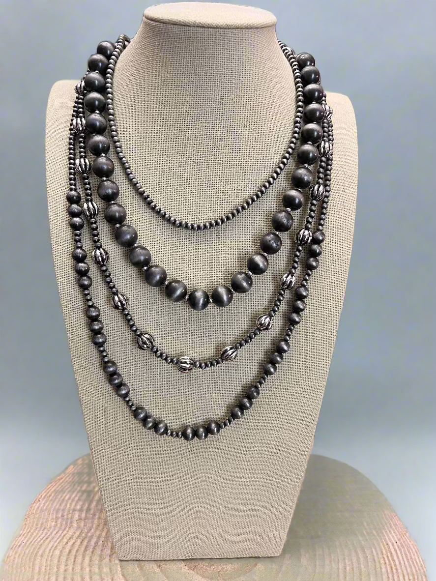 Faux Sterling Pearl Layered Necklace Set – 4-Piece Burnished Silver Western Set