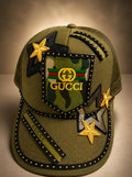Camo Style-Olive Green & Gold Studded Luxury Trucker Hat