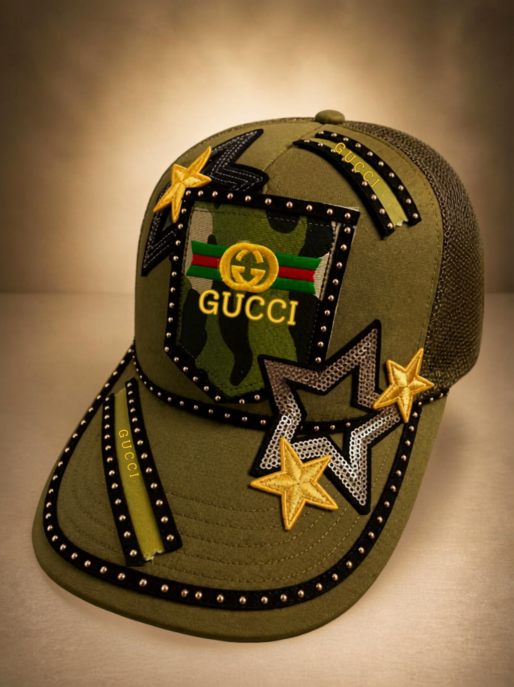Camo Style-Olive Green & Gold Studded Luxury Trucker Hat
