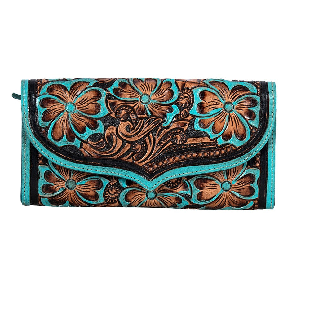 Flower Crest Ridge Wallet with Tooled Leather Turquoise Detaill