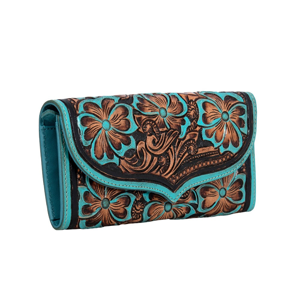 Flower Crest Ridge Wallet with Tooled Leather Turquoise Detaill