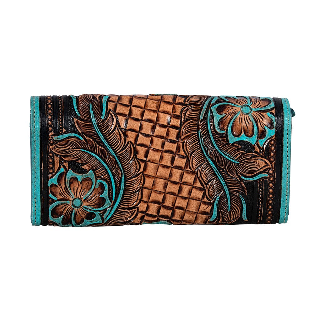 Flower Crest Ridge Wallet with Tooled Leather Turquoise Detaill