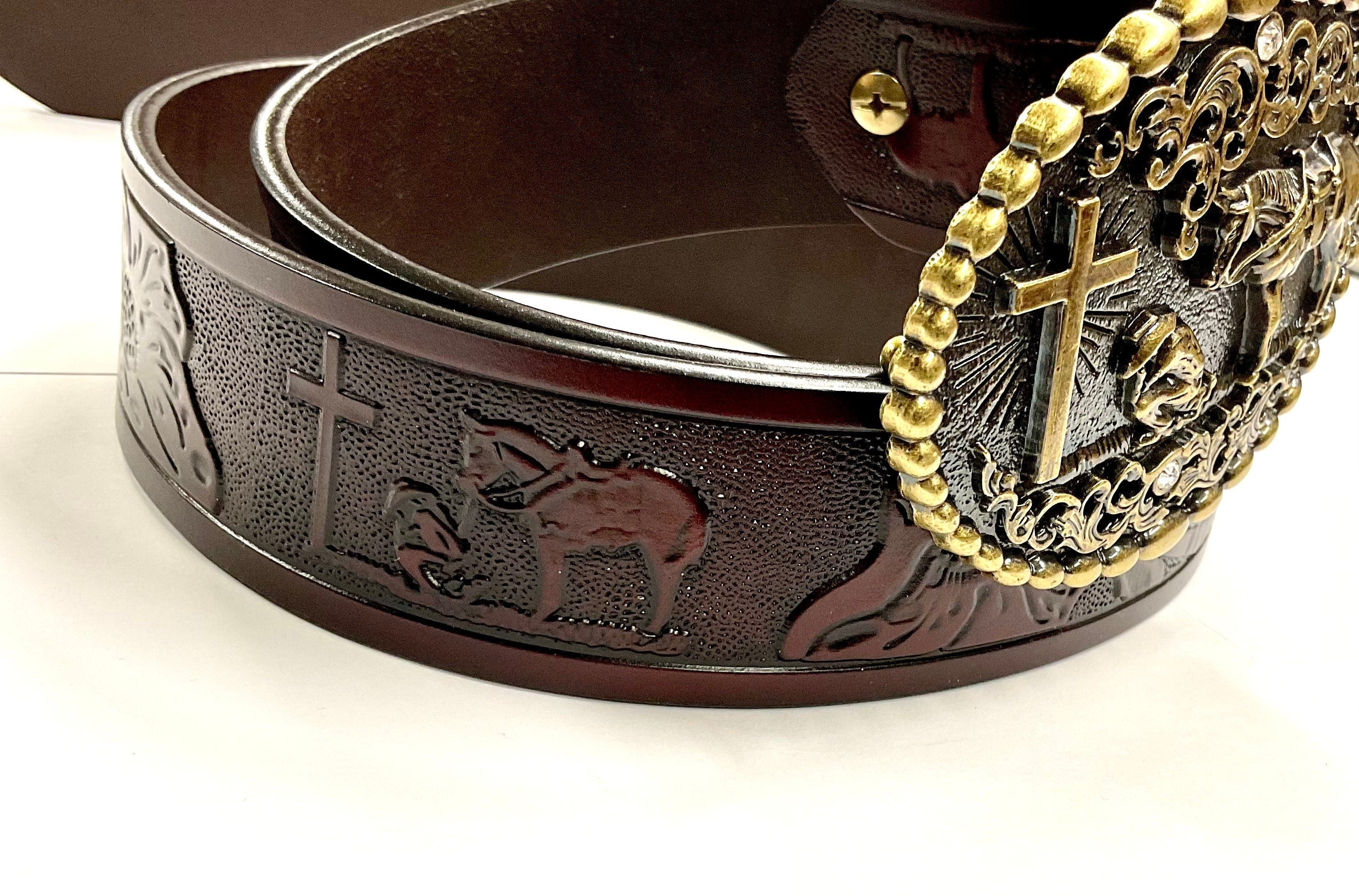 Western Cowboy Cross and Tooled Horse Belt and Buckle crucifix silver gold Black cross suit tie Cord Square Dance Western wear Jesus