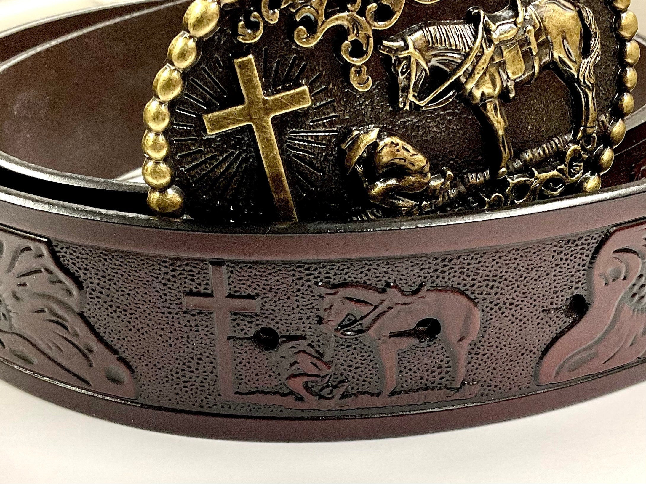 Western Cowboy Cross and Tooled Horse Belt and Buckle crucifix silver gold Black cross suit tie Cord Square Dance Western wear Jesus