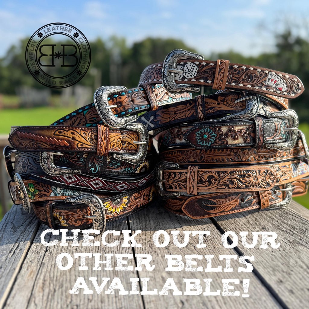 Genuine Leather Western Belt with tooled Succulent Cactus Flowers by Double B Wild Rags