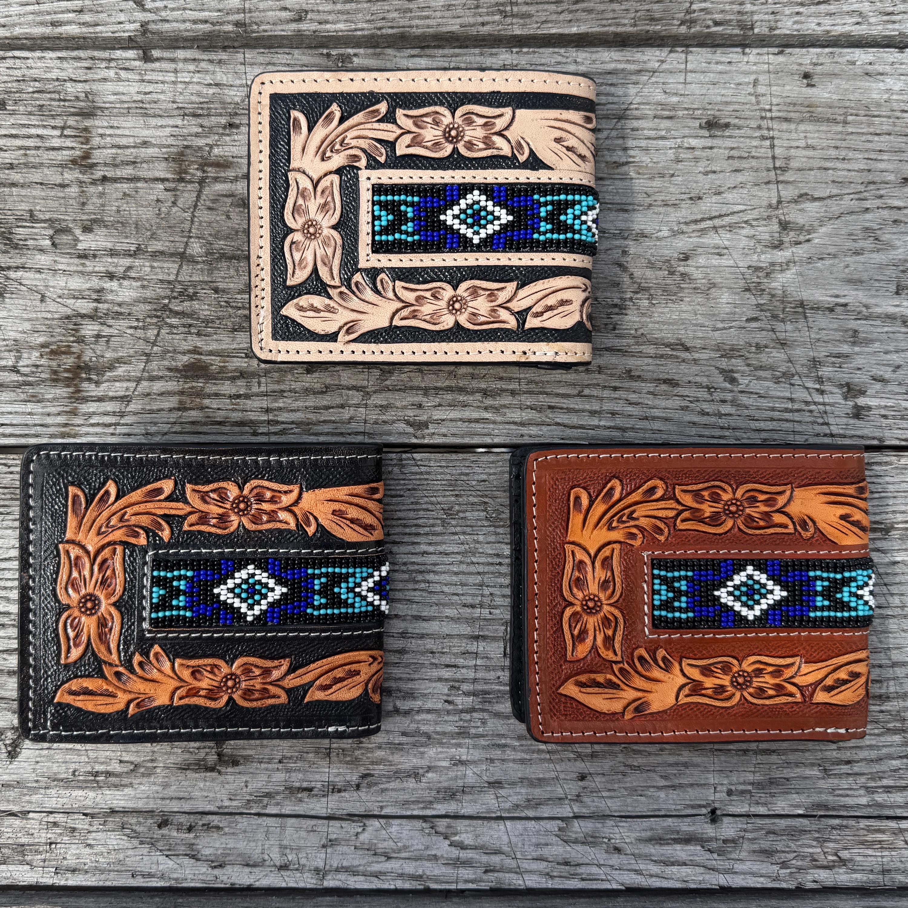 Men’s Western bi-fold wallet tooled with seed bead details by Double B Wild Rags
