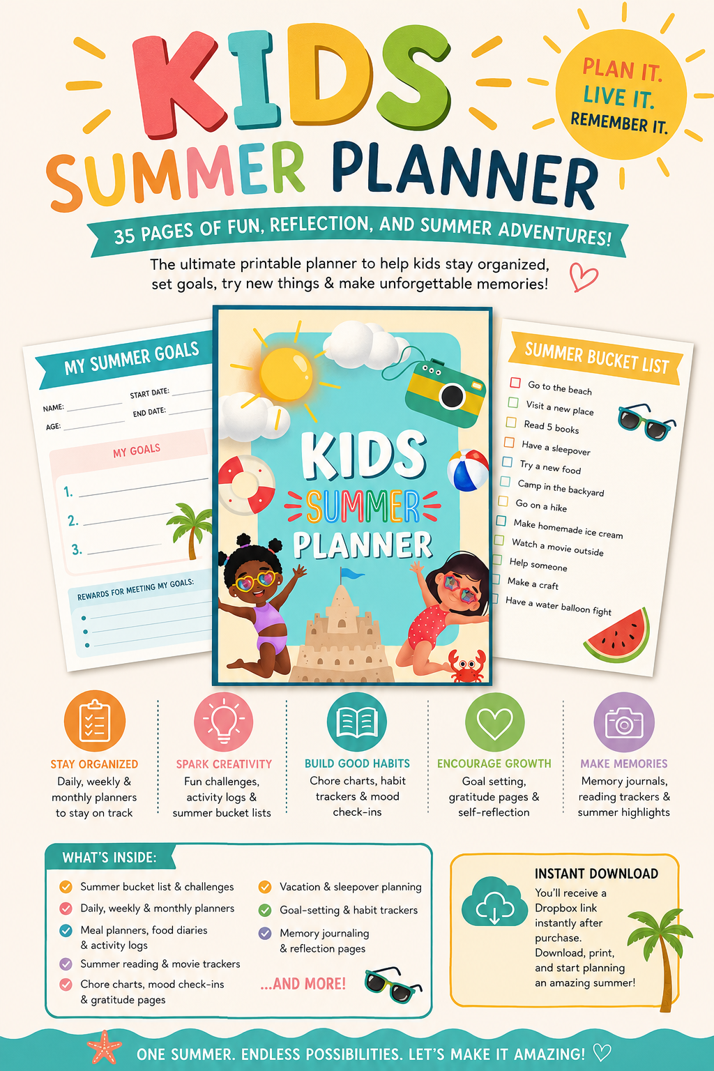 Kids Summer Planner – 35 Page Printable PDF – Summer Activities, Goals & Journals for Kids (Instant Download)