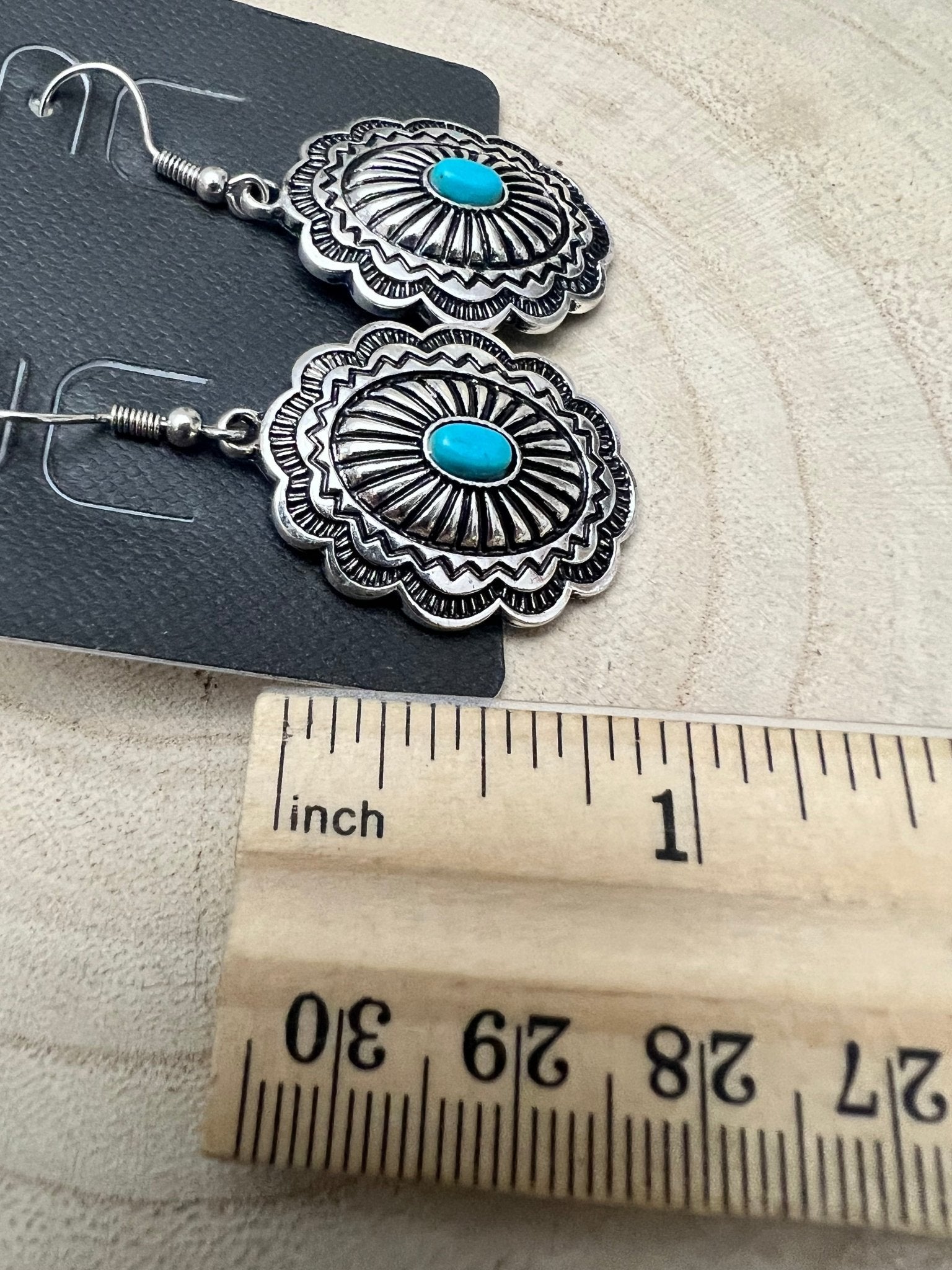 Western Oval Concho Earrings with Faux Turquoise — 1" Drop