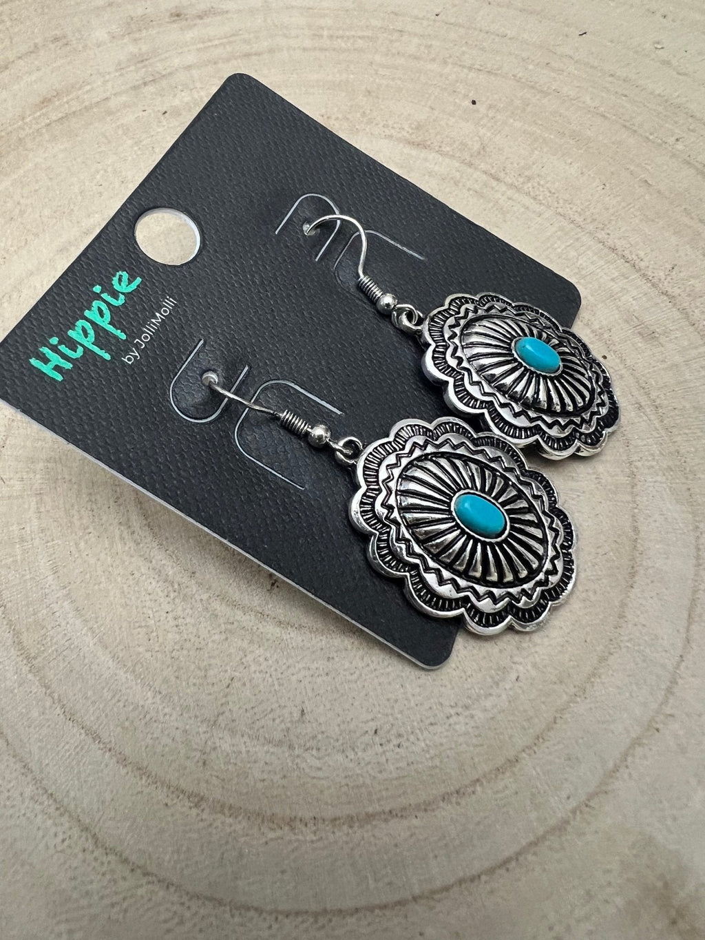 Western Oval Concho Earrings with Faux Turquoise — 1" Drop