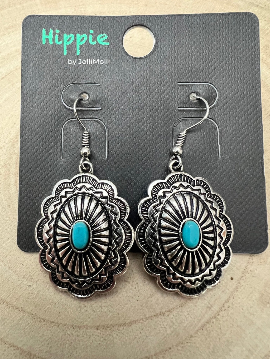 Western Oval Concho Earrings with Faux Turquoise — 1" Drop