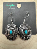 Western Oval Concho Earrings with Faux Turquoise — 1" Drop