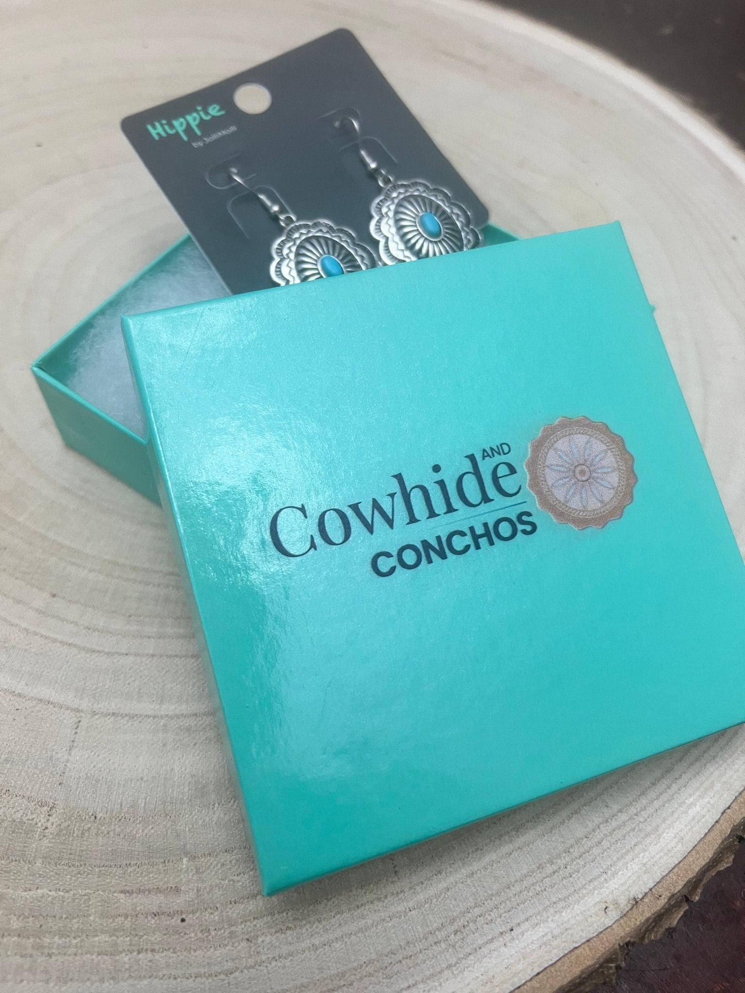 Western Oval Concho Earrings with Faux Turquoise — 1" Drop