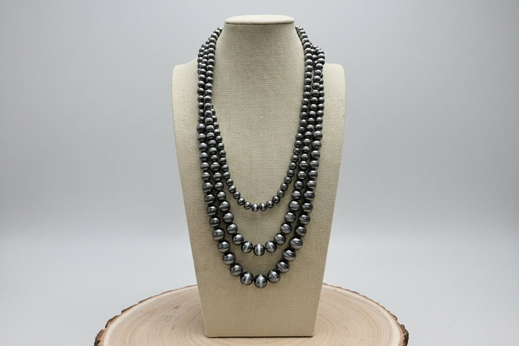 Triple Strand Burnished Faux Sterling Pearl Necklace – Western Layered Set