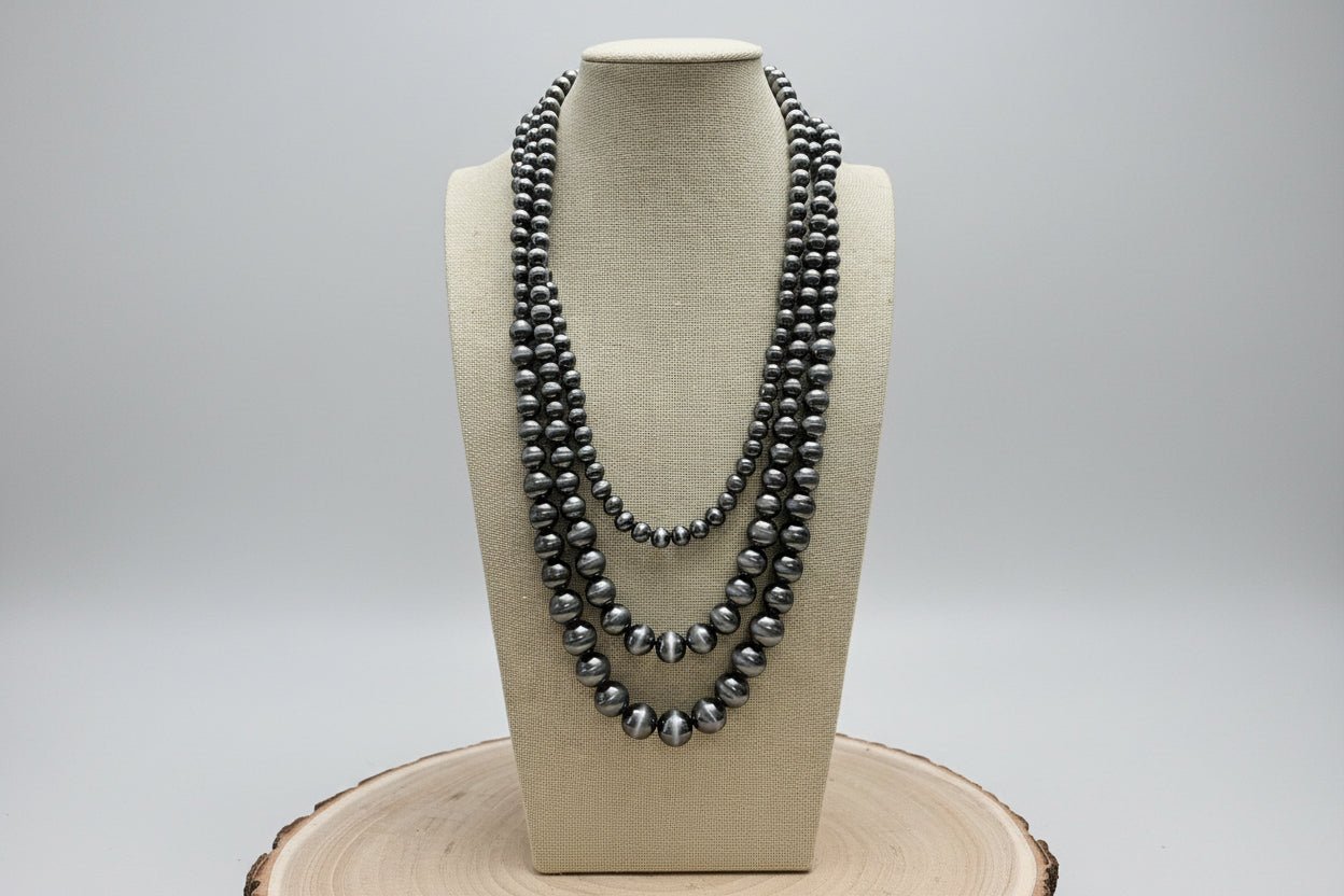 Triple Strand Burnished Faux Sterling Pearl Necklace – Western Layered Set