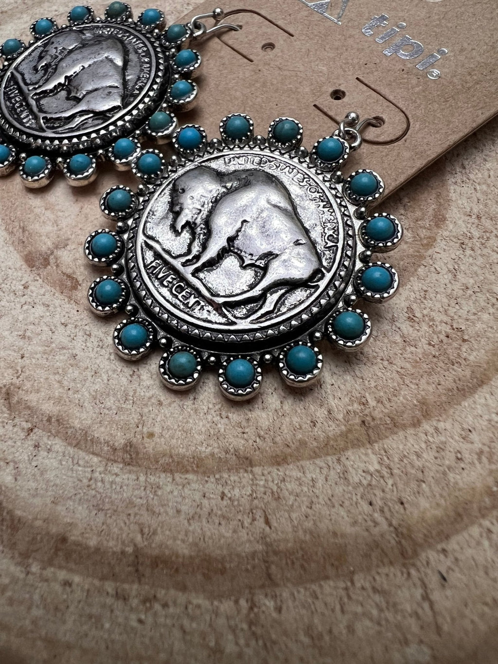 Western Buffalo Coin Dangle Earrings with Faux Turquoise — Statement Drop