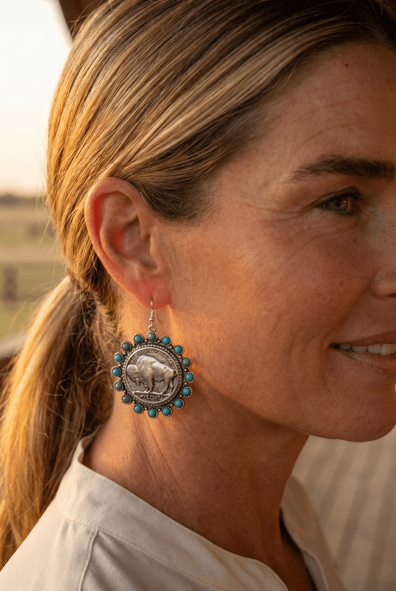 Western Buffalo Coin Dangle Earrings with Faux Turquoise — Statement Drop