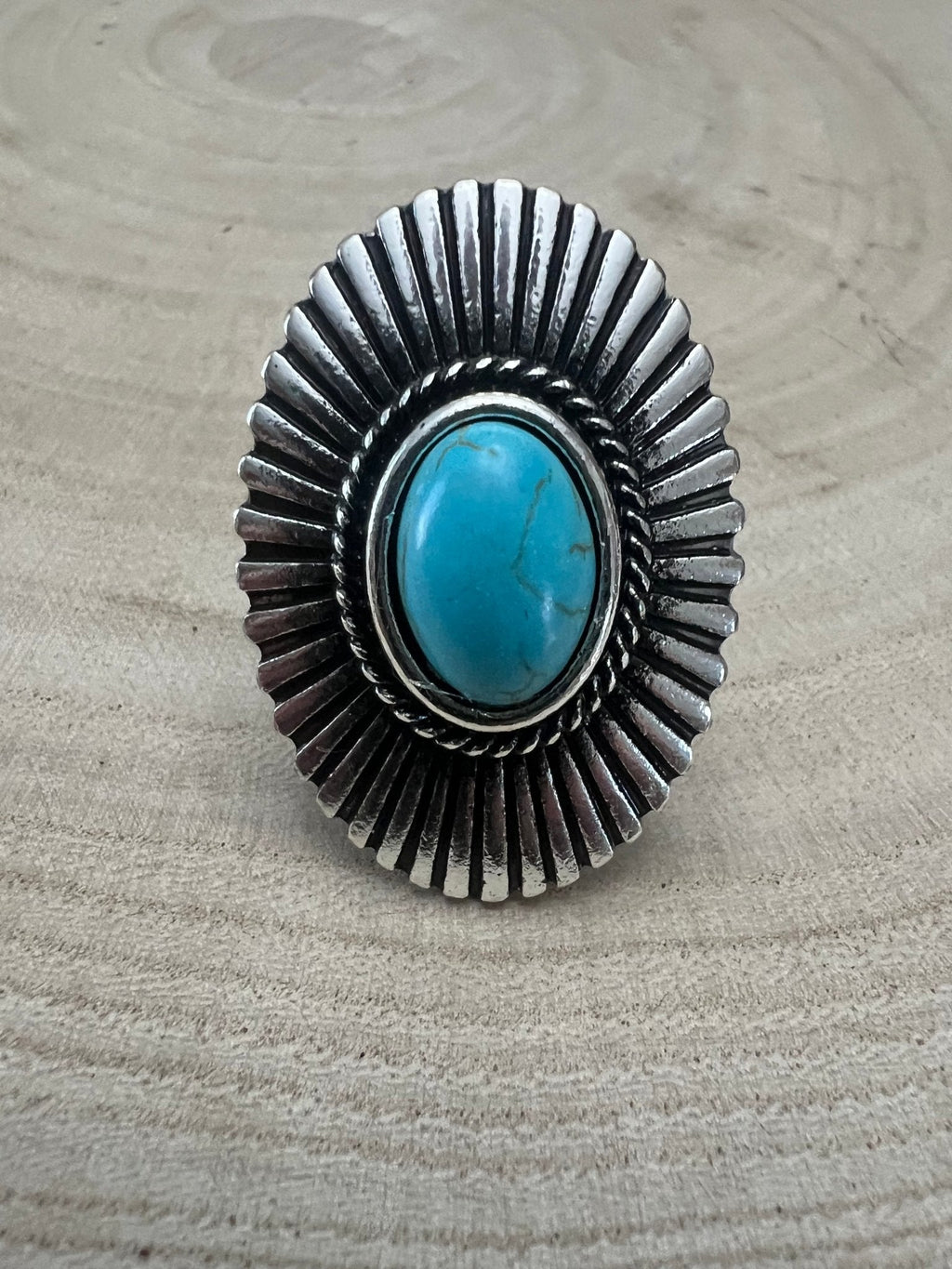 Western Concho & Faux Turquoise Adjustable Statement Ring — 1.5" Bold Western Hand Statement