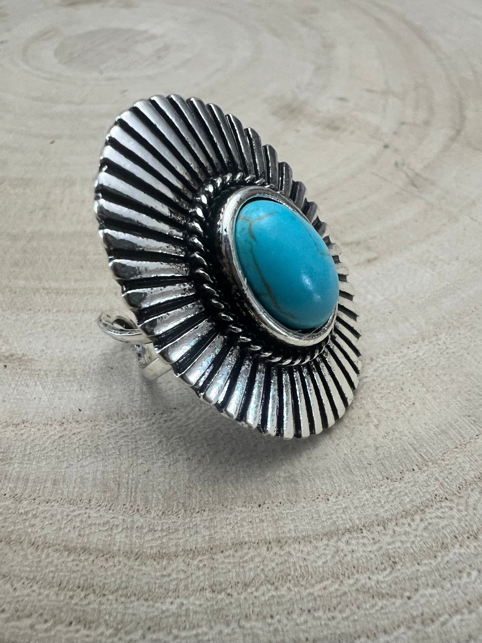 Western Concho & Faux Turquoise Adjustable Statement Ring — 1.5" Bold Western Hand Statement