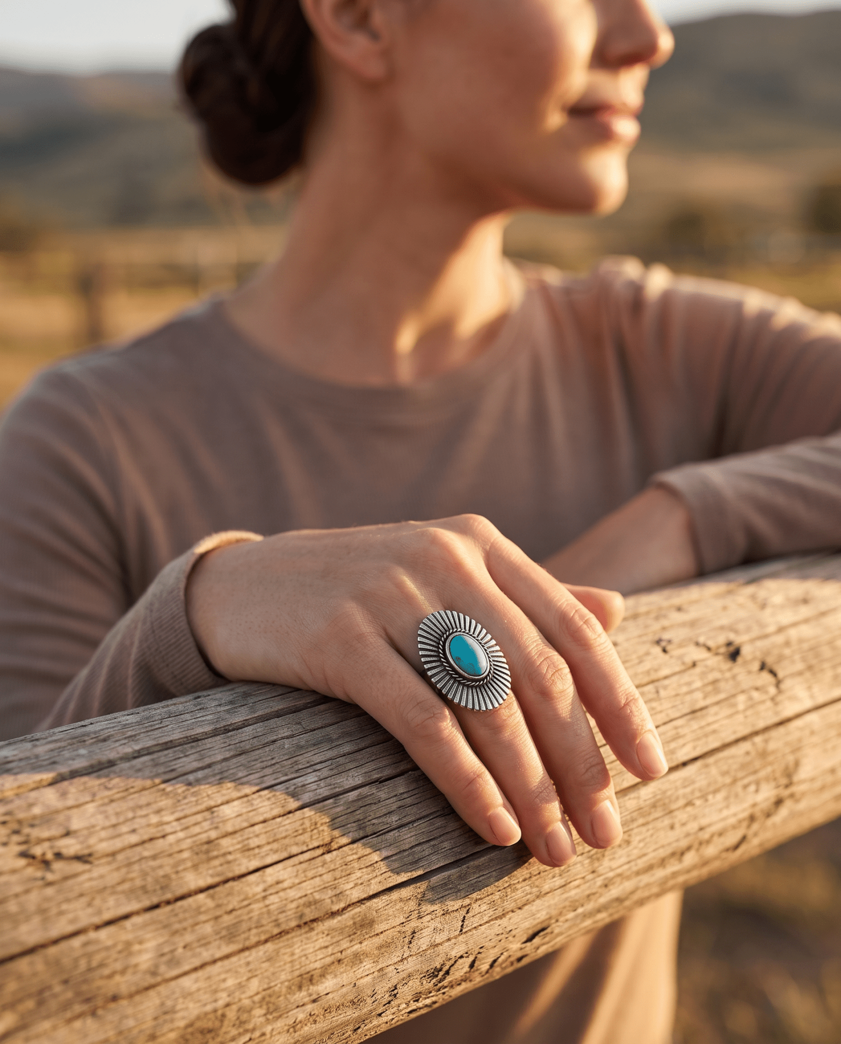 Western Concho & Faux Turquoise Adjustable Statement Ring — 1.5" Bold Western Hand Statement