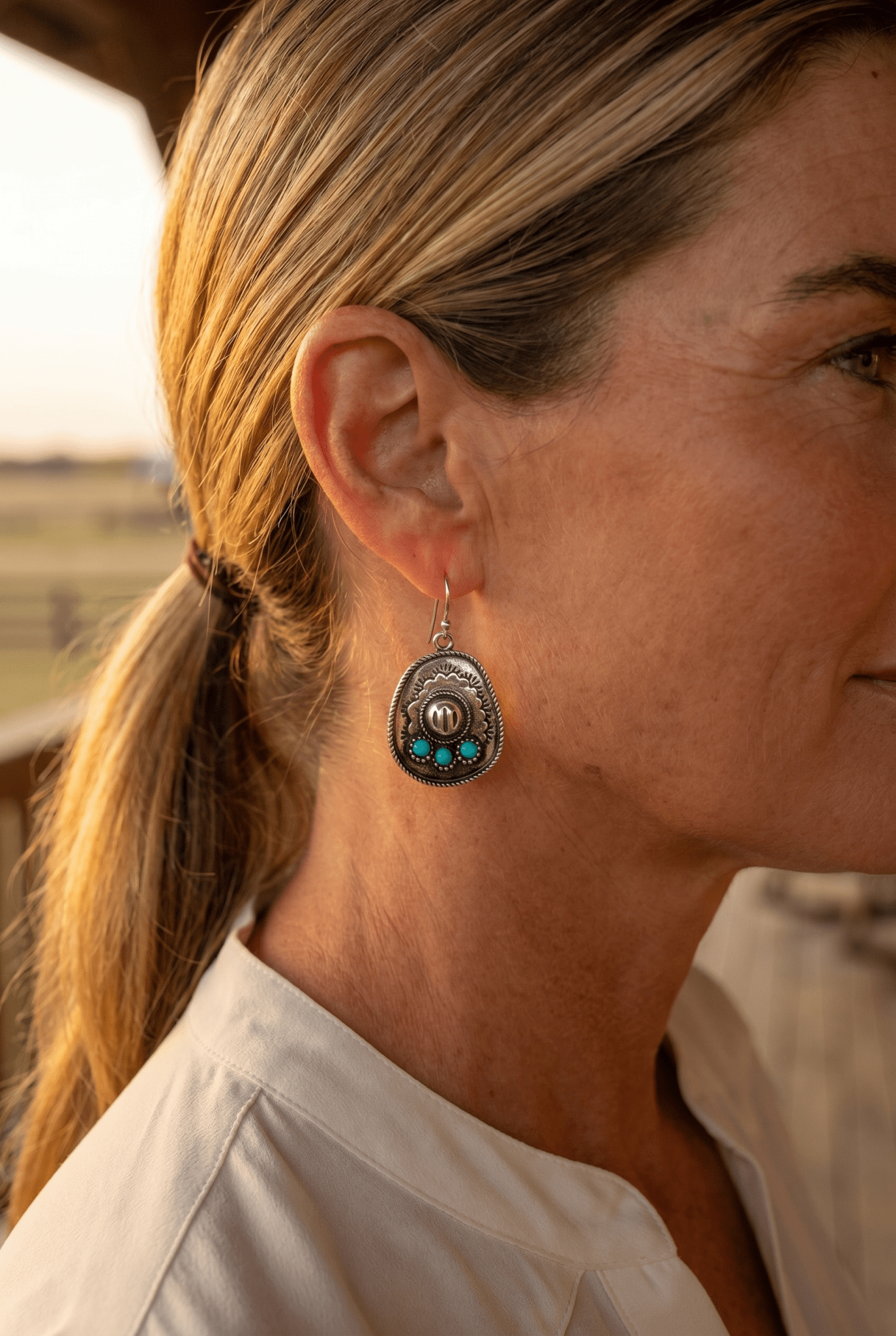 Western Cowboy Hat Dangle Earrings with Faux Turquoise — Oxidized Silver 1" Drop