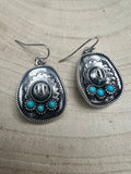 Western Cowboy Hat Dangle Earrings with Faux Turquoise — Oxidized Silver 1" Drop