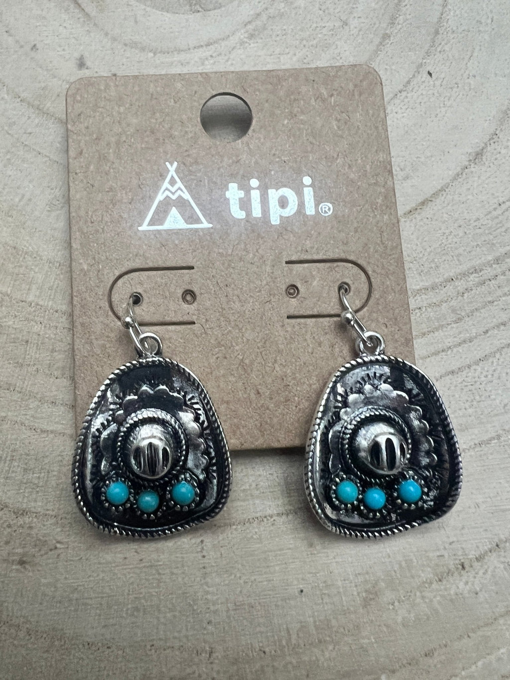 Western Cowboy Hat Dangle Earrings with Faux Turquoise — Oxidized Silver 1" Drop