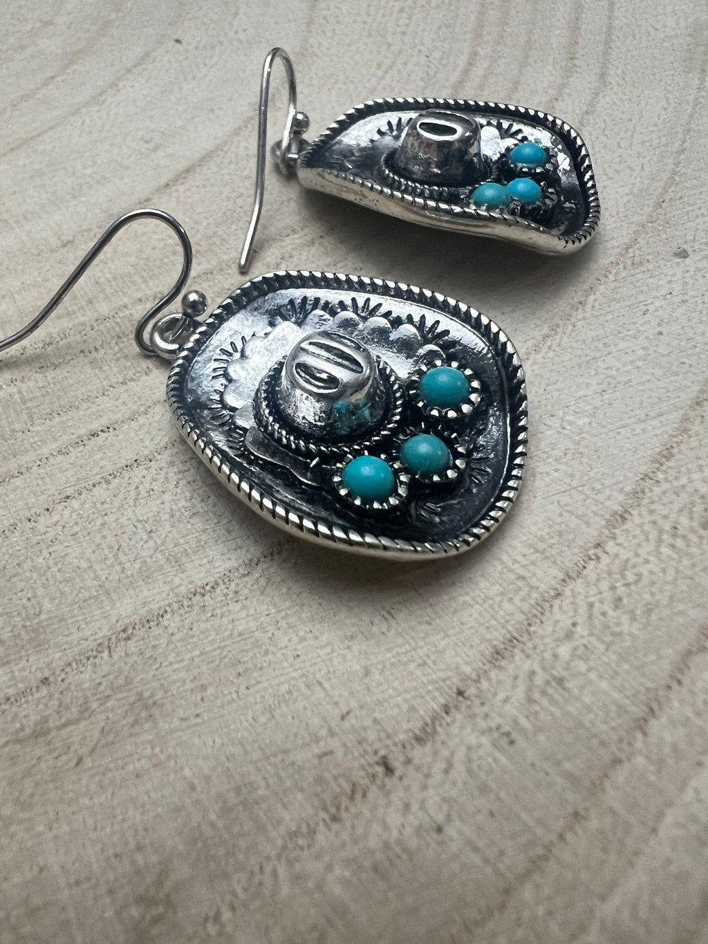 Western Cowboy Hat Dangle Earrings with Faux Turquoise — Oxidized Silver 1" Drop