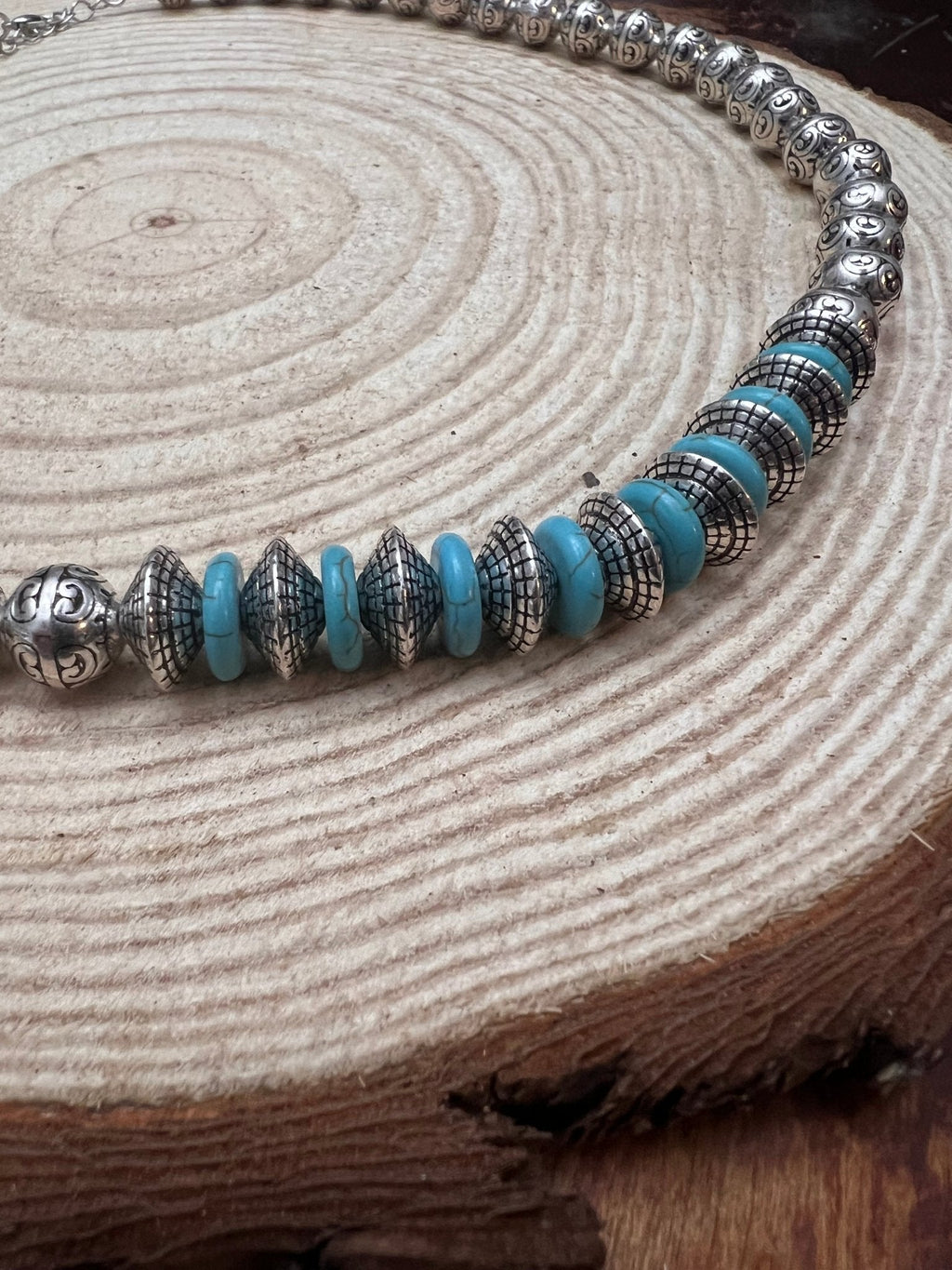 Western Faux Stamped Sterling Pearls, Saucers and Turquoise  – 24"