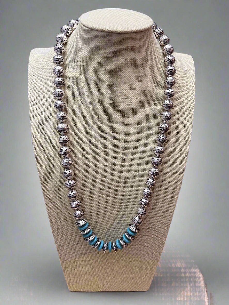 Western Faux Stamped Sterling Pearls, Saucers and Turquoise  – 24"