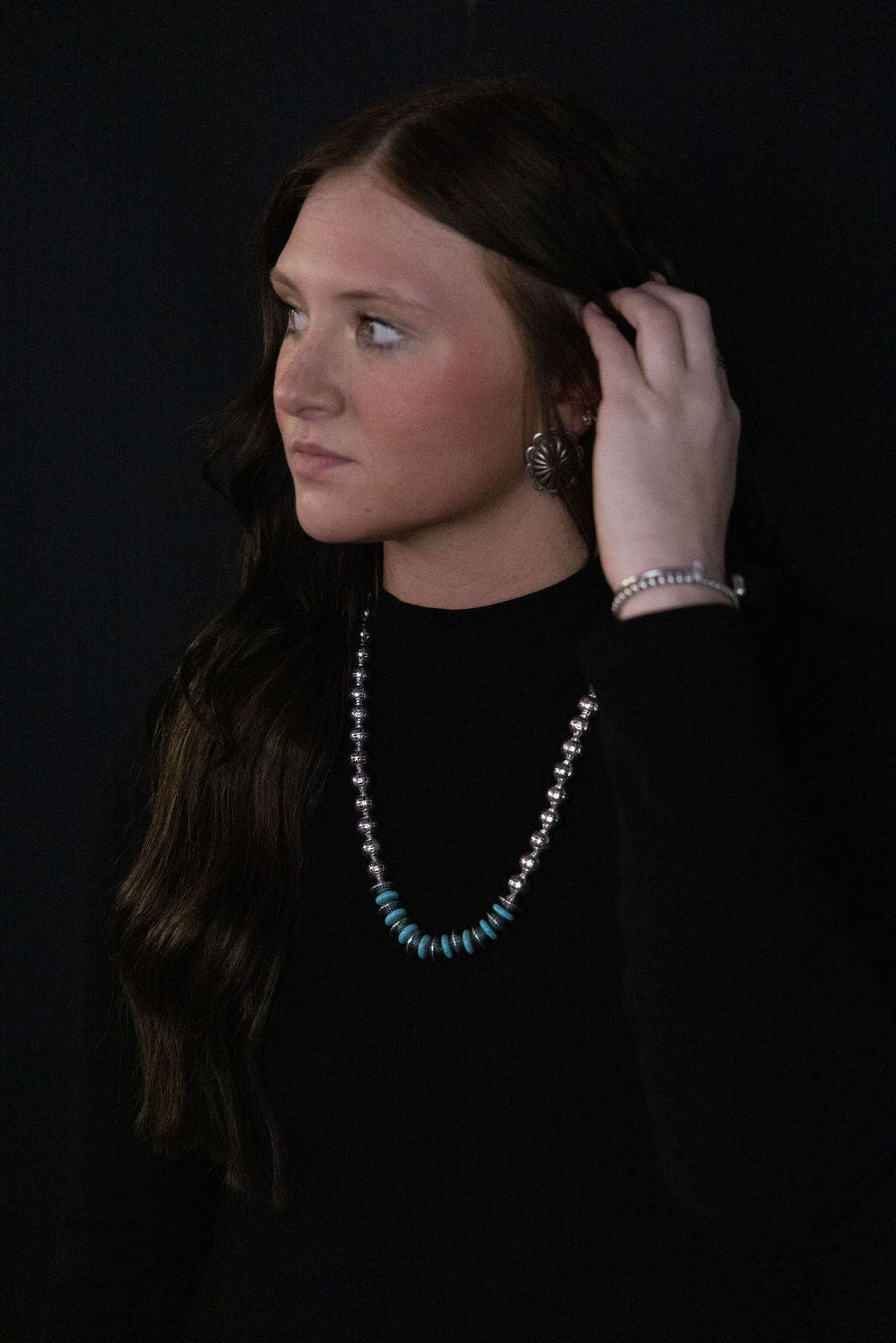 Western Faux Stamped Sterling Pearls, Saucers and Turquoise  – 24"