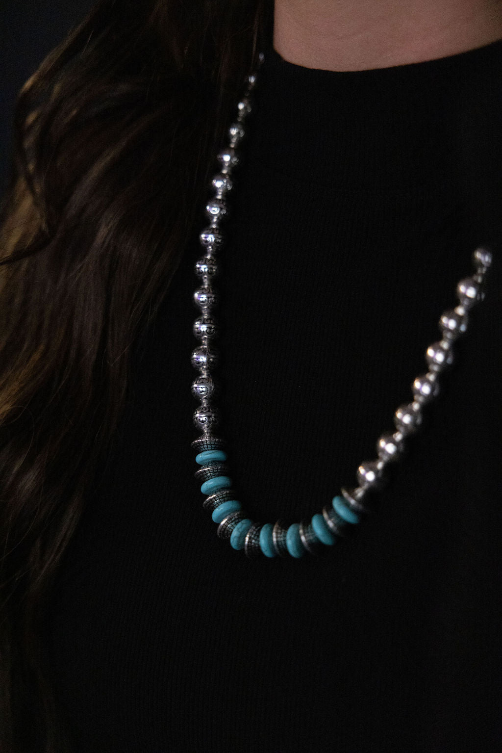 Western Faux Stamped Sterling Pearls, Saucers and Turquoise  – 24"