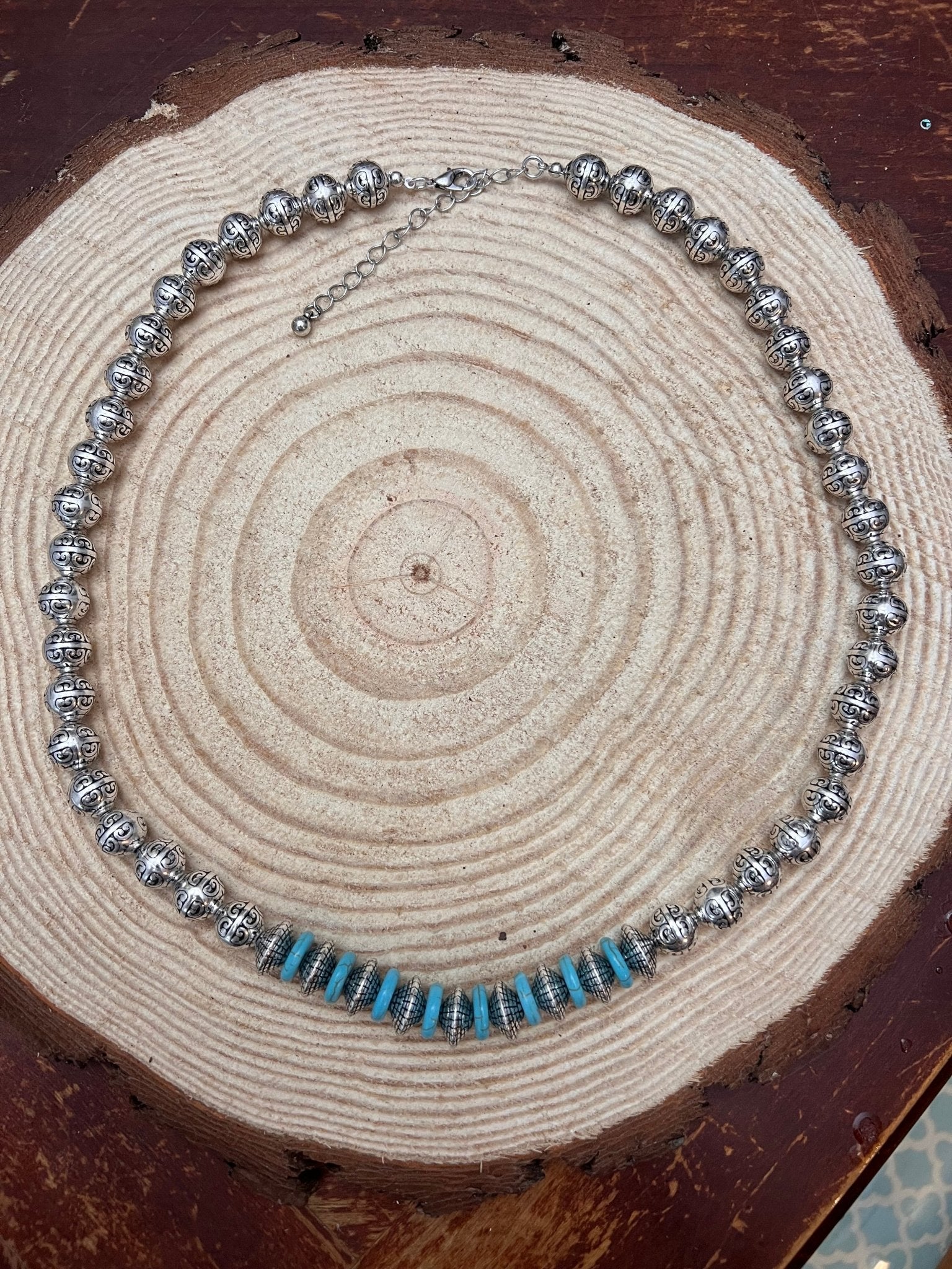 Western Faux Stamped Sterling Pearls, Saucers and Turquoise  – 24"