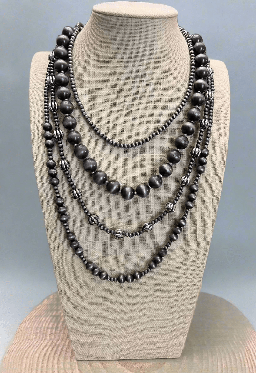 Faux Sterling Pearl Layered Necklace Set – 4-Piece Burnished Silver Western Set